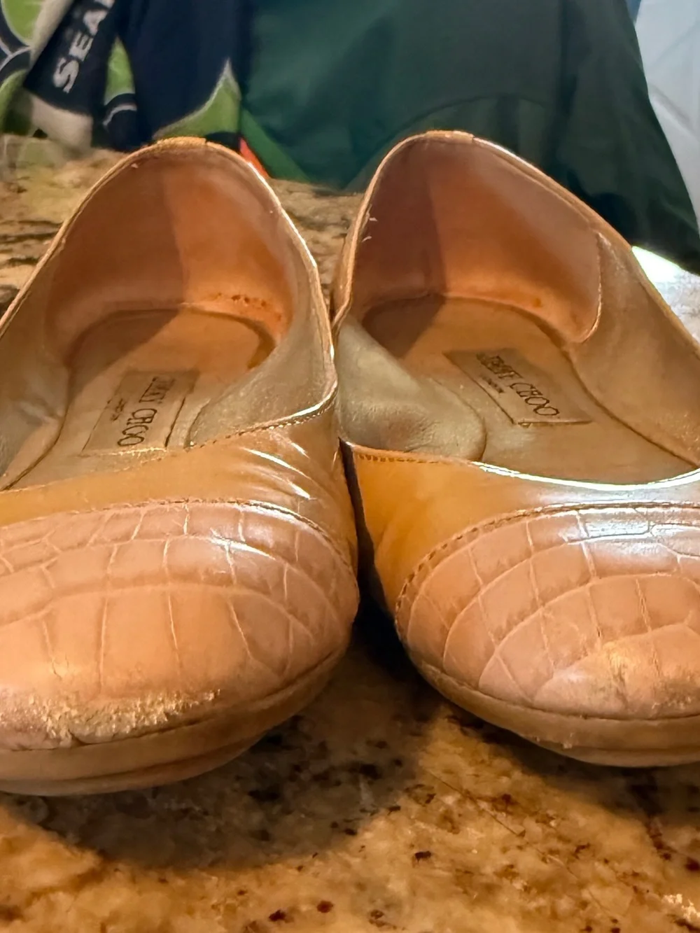 Jimmy Choo Nude/Yellow Leather Ballet Flats with Beige Croc-Toe size 5